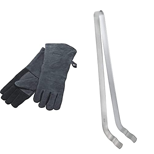 RÖSLE Grillhandschuhe, Hochwertige Lederhandschuhe, Leder, Universalgröße 24/XL, grau/schwarz & Grillzange gebogen, Hochwertige Grillzangemit, Edelstahl 18/10, Spülmaschinengeeignet von RÖSLE