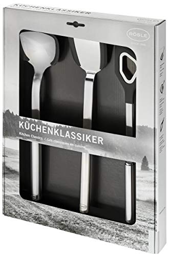 RÖSLE Küchenklassiker-Set 3-tlg., Hochwertiger Pfannenwender, Kochlöffel und Woklöffel mit Silikonrand und Rundgriff, Edelstahl 18/10, Spülmaschinengeeignet von RÖSLE