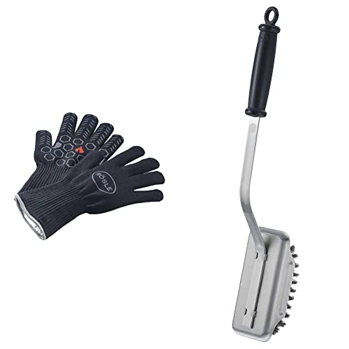 RÖSLE Premium-Grillhandschuhe, Hochwertige Handschuhe zum Schutz vor Verbrennungen & Barbecue-Reinigungsbürste SlideX, Hochwertige Grillbürste mit langem Stiel und Kunststoffgriff von RÖSLE