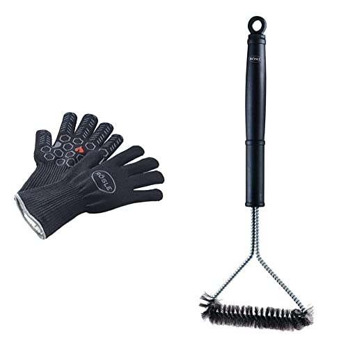 RÖSLE Premium-Grillhandschuhe, Hochwertige Handschuhe zum Schutz vor Verbrennungen & Grillrost-Reinigungsbürste, Hochwertige Grillbürste für Grillroste aus Edelstahl, Chrom und Emaille, 43 cm von RÖSLE