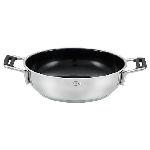 RÖSLE SILENCE PRO CeraPlus Servierpfanne, Antihaft & Robust - Ø 28 cm, Hitzebeständig bis 260 °C, Keramikversiegelung, silbern, Edelstahl 18/10, spülmaschinengeeignet von RÖSLE