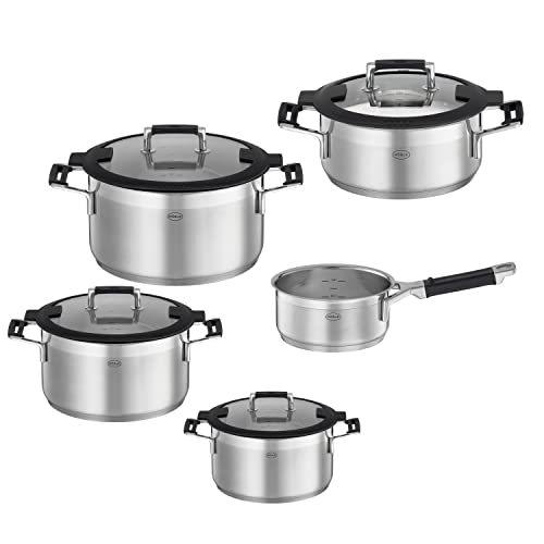 RÖSLE SILENCE PRO Topf-Set 5-tlg., Universaltopfset mit 3 Kochtöpfen, 1 Bratentopf und 1 Stielkasserolle, Edelstahl 18/10, Glasdeckel, Innenskalierung, induktions- und spülmaschinengeeignet von RÖSLE