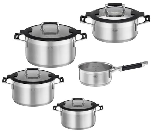 RÖSLE SILENCE PRO Topf-Set 5-tlg., Universaltopfset mit 3 Kochtöpfen, 1 Bratentopf und 1 Stielkasserolle, Edelstahl 18/10, Glasdeckel, Innenskalierung, induktions- und spülmaschinengeeignet von RÖSLE