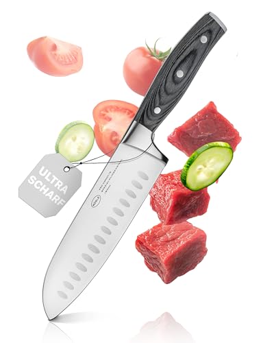 RÖSLE Santokumesser WOLFGREY 17,5 cm – Scharfes Küchenmesser & Kochmesser mit Kullenschliff – Santoku Messer, perfekt für Feines Schneiden, Würfeln und Hacken mit Leichtigkeit von RÖSLE