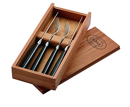 RÖSLE Steakbesteck 4-tlg., Hochwertige Steakmesser mit scharf geschliffener Klinge aus Klingenspezialstahl mit passender Steakgabel, POM, inkl. praktischer Holzbox, 25 x 11 x 4 cm von RÖSLE