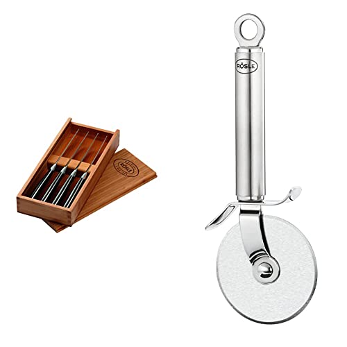 RÖSLE Steakmesser-Set 4-tlg., Hochwertige Steakmesser Schwarz, 4 x 25.2 x 11 cm, 4 Stück & Pizzaschneider, Hochwertiges Pizzamesser mit stabilem Rad, beidseitig geschliffene Klinge, Edelstahl 18/10 von RÖSLE