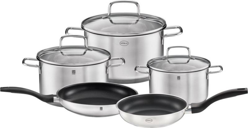RÖSLE Topf-Set Basic Line, Edelstahl 18/10 (Set, 5-tlg., 1 Kochtopf Ø 16/20/24 cm, 1x Bratpfanne Ø 20 cm, 1x Bratpfanne Ø 28 cm), Töpfe mit Schüttrand und Pfannen mit Antihaftversiegelung, Induktion von RÖSLE