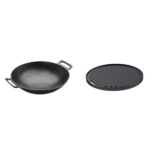 RÖSLE VARIO Wok, Hochwertiger Wok aus emailliertem Gusseisen zum scharfen Anbraten & VARIO Grillplatte, Hochwertige Grillplatte aus Gusseisen von RÖSLE