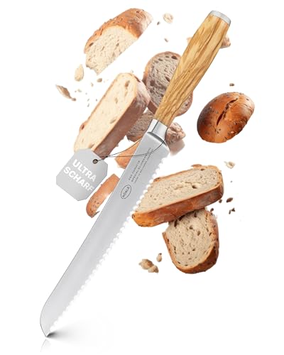 Rösle Brotmesser Artesano 22 cm - Hochwertiges Brotmesser mit Wellenschliff, Küchenmesser für Brot, Brötchen und Baguette, scharfes Schneidemesser mit ergonomischem Griff aus Olivenholz von RÖSLE
