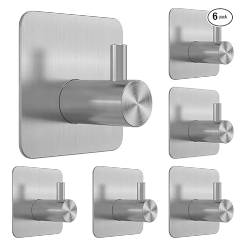 ROEUIPG 304 Steel Adhesive Wall Hooks Waterproof Shower Hanging Hook Heavy Duty Towel Hook Hanger Bathroom Kitchen Office Storage Holder(6 Pack Silver) von ROEUIPG