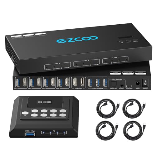 4K@60Hz HDMI KVM-Switch USB 3.0, 4 Computer, 2 Monitore, EDID-Emulatoren, 4 PCsKVM-Matrix-Switch die 2 Displays und 4 USB 3.0-Anschlüsse sowie SPDIF L/R-Audio teilen. Unterstützt Matrix- und Spi von ROFAVEZCO