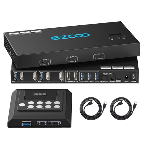 4K@60Hz HDMI KVM Switch Dual Monitor USB 3.0 2 Monitore 2 Computer EDID Emulatoren für 2 PCs teilen 2 Displays und 4 USB 3.0-Ports SPDIF L/R Audio Kopier Erweiterungsmodus, 2 USB-Kabel und Controller. von ROFAVEZCO