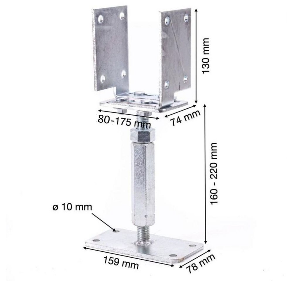 ROG-Gardenline Pfostenträger Pfostenträger U-Form Höhe und Aufnahme verstellbar - Stahl verzinkt, (2-St), Höhe verstellbar, Aufnahmefläche verstellbar von ROG-Gardenline