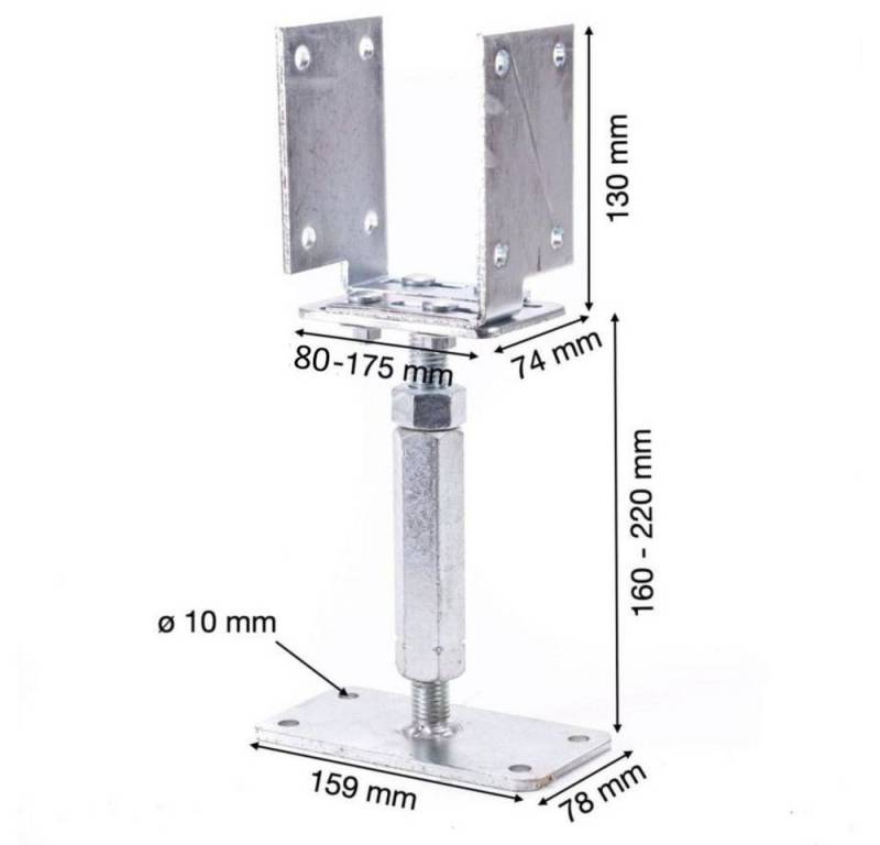 ROG-Gardenline Pfostenträger Pfostenträger U-Form Höhe und Aufnahme verstellbar - Stahl verzinkt, (2-St), Höhe verstellbar, Aufnahmefläche verstellbar von ROG-Gardenline