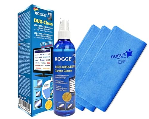 ROGGE Duo-Clean Original, 250ml Bildschirmreiniger für LCD/TFT/LED/OLED + Plasma Screen Cleaner + 3X Prof. Microfasertuch ca. 38x40cm von ROGGE