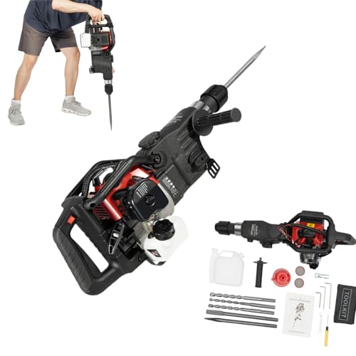 1000W Benzin Abbruchhammer | 2-Takt 3-in-1 Multifunktions Stemmhammer Meißelhammer | 33CC Gasmotor Abbruch Betonbrecher Lochbohrer | Meißel Profi Set | Einzelzylinder Abrisshammer für Zerkleinern von ROGONPDK