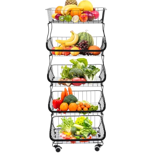 5 Etagen Regalwagen | Mehrstöckiges Stapelbar Küchenregal | Vertikale Gemüseregal | Aufbewahrungskorb mit Rädern und Wasserschale | für Wohnzimmer, Badezimmer | Tragfähigkeit jeder Ebene: 10kg von ROGONPDK