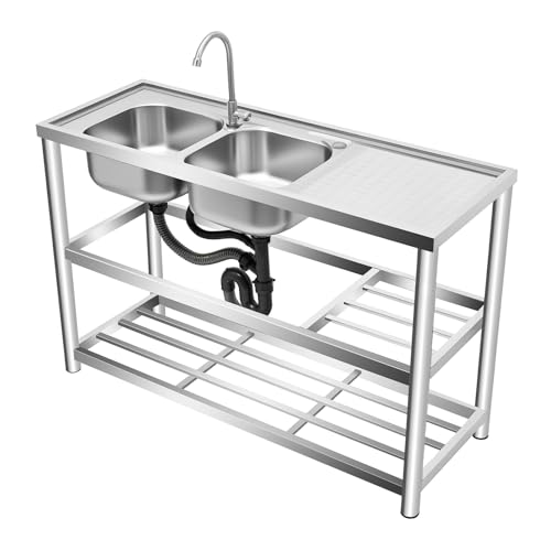 Küchenspüle Doppelbecken Spültisch, Edelstahl Spüle 120x45x80cm, Freistehende spülbecken mit Unterschrank, mit 360° Rotatable Armatur, 100kg Tragfähigkeit, mit Abflusseinheit Komplettes Set von ROGONPDK