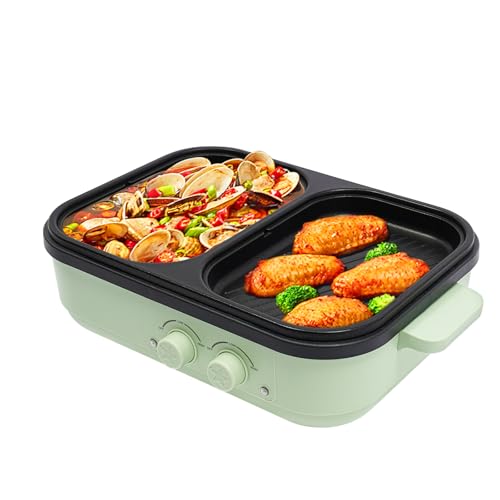 ROGONPDK 2 in 1 Elektrisch Bratpfanne | 1300W Antihaftbeschichtet Hot Pot und Grillbereich | Mehrzweck Kochtopf Bratpfanne (0.2L) und ein Kochtopf (1L) | Elektrogrill Grillpfanne für 1-3 Personen von ROGONPDK