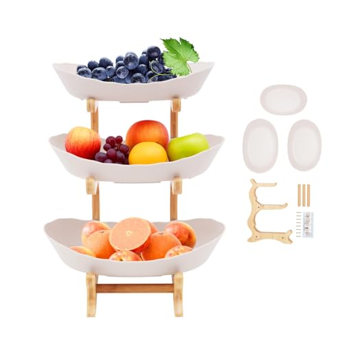 ROGONPDK 3 Etagen Obst Etagere | 3 Stöckig Obstschale Keramik Porzellan Obstteller | Oval Natürlichem Bambusholz Ständer Obstkorb | Frucht Snack Tortenständer Snack Dessert Tablett (Beige) von ROGONPDK