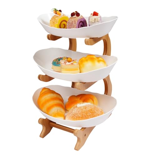 ROGONPDK 3 Etagen Obst Etagere | 3 Stöckig Obstschale Keramik Porzellan Obstteller | Oval Natürlichem Bambusholz Ständer Obstkorb | Frucht Snack Tortenständer Snack Dessert Tablett (Weiß) von ROGONPDK