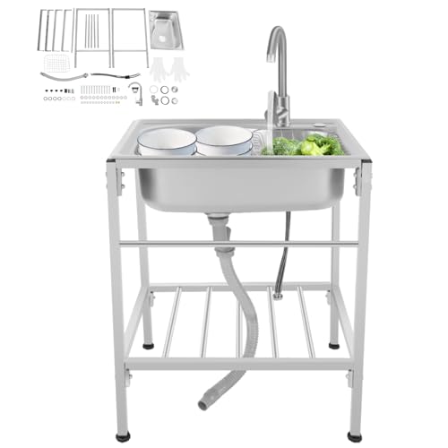ROGONPDK Mobile Einzelspüle Edelstahl Spülbecken | Freistehende Spüle Edelstahl Küchenspüle | Gewerbe-Spülbecken ( 60*45*15cm) | Multifunktionswaschtisch mit 360° Gedreht Heißer & kalter Wasserhahn von ROGONPDK