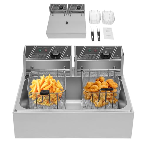 ROGONPDK Professionell Elektrische Doppelfritteuse, 12 L Fritöse Edelstahl Doppel Kaltzonen Fritteuse, 3.2KW Gastro Kaltzone Fritose Elektro Fettbackgerät mit Temperaturkontrolle 60°C-200°C von ROGONPDK