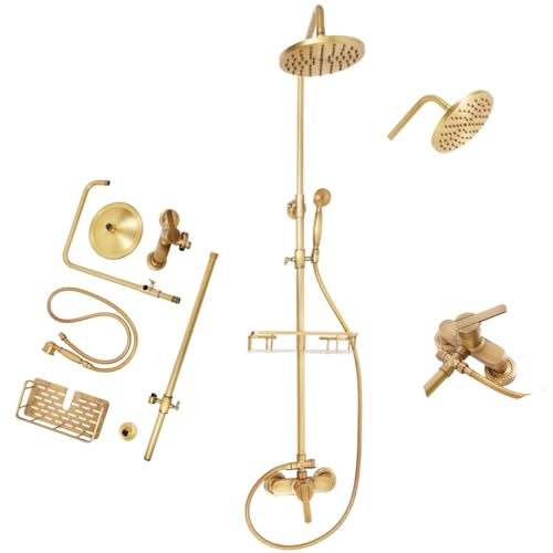 ROGONPDK Retro Armatur Duschset Messing Brause, Regendusche Duscharmatur Komplettset Vintage Dusche Set, Rund Duschsystem mit Einstellbarer Höhenbereich 360°Kopfbrause & Handbrause ROGONPDK Retro Armatur Duschset Messing Brause, Regendusche Duscharmatur Komplettset Vintage Dusche Set, Rund Duschsystem mit Einstellbarer Höhenbereich 360°Kopfbrause & Handbrause von ROGONPDK