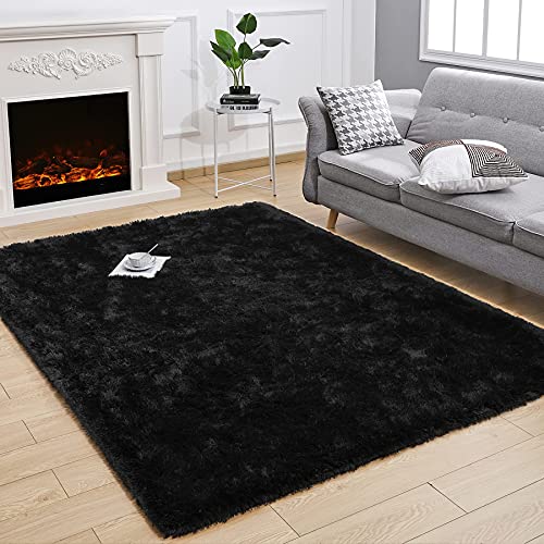 ROHATIM Hochflor Teppich Wohnzimmer Super weich Shaggy Teppich Flauschiger,Soft Area Rug Schlafzimmer Teppiche Super weich Fluffy Kindermatte(Schwarz,120 x 160 cm) von ROHATIM