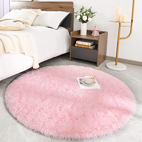 ROHATIM Hochflor Teppich Rund Wohnzimmer Super weich Shaggy Teppich Flauschiger,Soft Area Rug Schlafzimmer Teppiche Super weich Fluffy Kindermatte(Rosa,100 x 100 cm) von ROHATIM