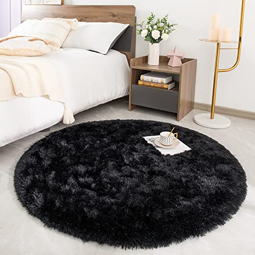 ROHATIM Rund Teppich Flauschig, Plüschteppich für Schlafzimmer & Wohnzimmer, Weicher Kinderteppich Mädchen, Moderner Kuscheltteppich Schwarz, 120 x 120 cm von ROHATIM