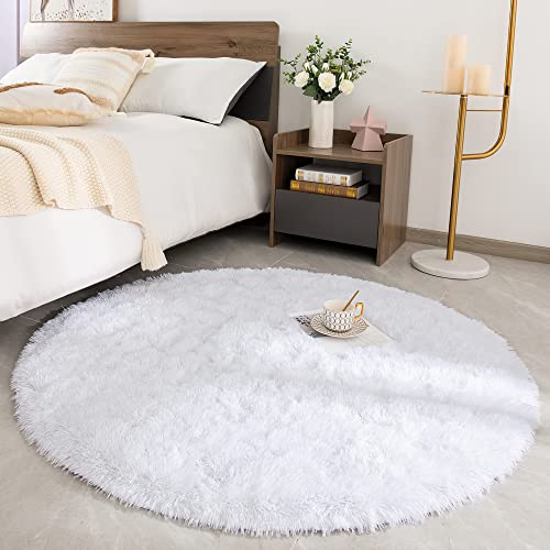 ROHATIM Hochflor Teppich Rund Wohnzimmer Super weich Shaggy Teppich Flauschiger,Soft Area Rug Schlafzimmer Teppiche Super weich Fluffy Kindermatte(Weiß,100 x 100 cm) von ROHATIM