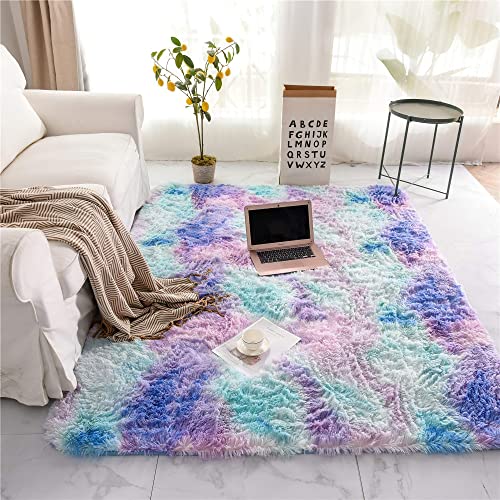 ROHATIM Hochflor Teppich Wohnzimmer Super weich Shaggy Teppich Flauschiger,Soft Area Rug Schlafzimmer Teppiche Super weich Fluffy Kindermatte Carpet(Blau Lila,120 x 160 cm) von ROHATIM