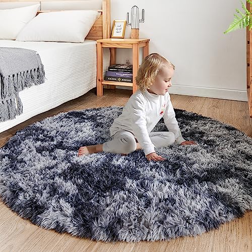 ROHATIM Rund Teppich Flauschig, Plüschteppich für Schlafzimmer & Wohnzimmer, Weicher Kinderteppich Mädchen, Moderner Kuscheltteppich Dunkelgrau, 100 x 100 cm von ROHATIM