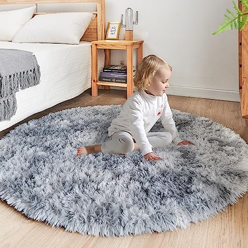 ROHATIM Schlafzimmer Plüsch Teppich Rund,Flauschiger Teppich für Wohnzimmer,modernes Wohnzimmer,Mädchen,weicher und Flauschiger Teppich für das Schlafzimmer Kindermatte(Hellgrau,Ø 120 cm Rund) von ROHATIM