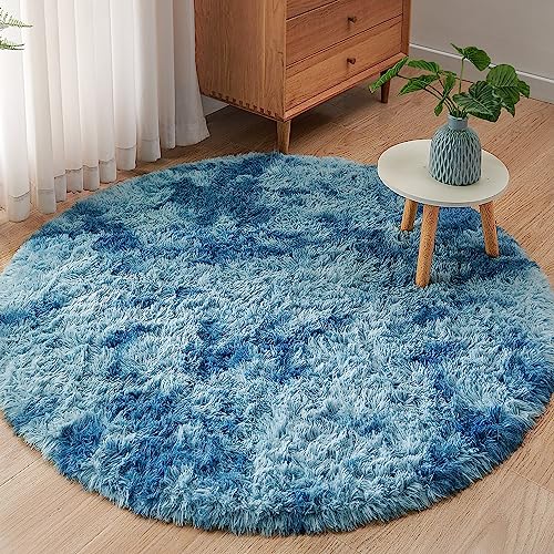 ROHATIM Schlafzimmer Plüsch Teppich Rund,Flauschiger Teppich für Wohnzimmer,modernes Wohnzimmer,Mädchen,weicher und Flauschiger Teppich für das Schlafzimmer Kindermatte(Pfauenblau,Ø 100 cm Rund) von ROHATIM