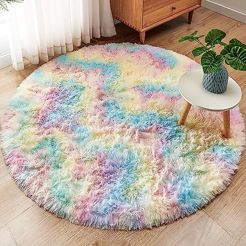 ROHATIM Schlafzimmer Plüsch Teppich Rund,Flauschiger Teppich für Wohnzimmer,modernes Wohnzimmer,Mädchen,weicher und Flauschiger Teppich für das Schlafzimmer Kindermatte(Regenbogen,Ø 100 cm Rund) von ROHATIM