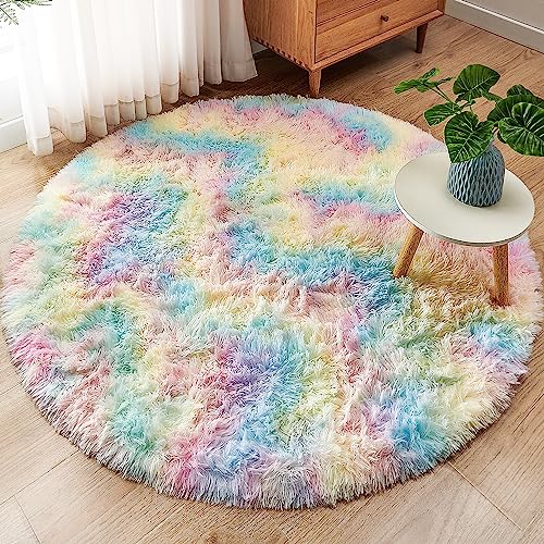 ROHATIM Rund Teppich Flauschig, Plüschteppich für Schlafzimmer & Wohnzimmer, Weicher Kinderteppich Mädchen, Moderner Kuscheltteppich Regenbogen, 100 x 100 cm von ROHATIM