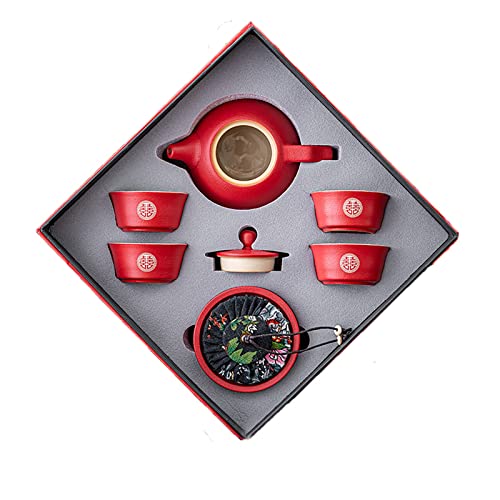 ROJDFCNBW Chinesischer Kung Fu Tee Zeremonie Porzellan Teeka Double Happiness Chinese Kung Fu Wedding Porcelain Teapot and Cups Red Pack of 7(1 Pot 3 Cups 1 Tea Caddy) von ROJDFCNBW