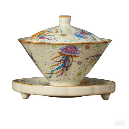 ROJDFCNBW Chinesischer Kung Fu Tee Zeremonie Porzellan Teeka Pack of 6 Piece Chinese Porcelain Gaiwan Tea Set with Tea Cups and Ceramic Tea Strainer(Jellyfish Gaiwan) von ROJDFCNBW