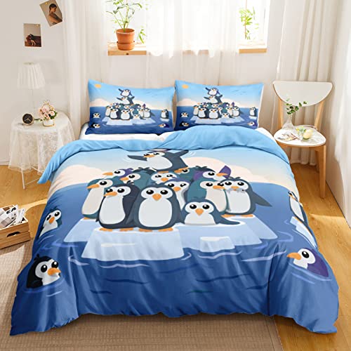 ROLETI Bettwäsche 135x200 Blauer Pinguin Bettwäsche 3 Teilig Traumhaft Weich Allergiker Mikrofaser Einzelbett Bettbezug mit Reisverschluss für Kinder und Erwachsene und 2 Kissenbezug 80x80 cm von ROLETI
