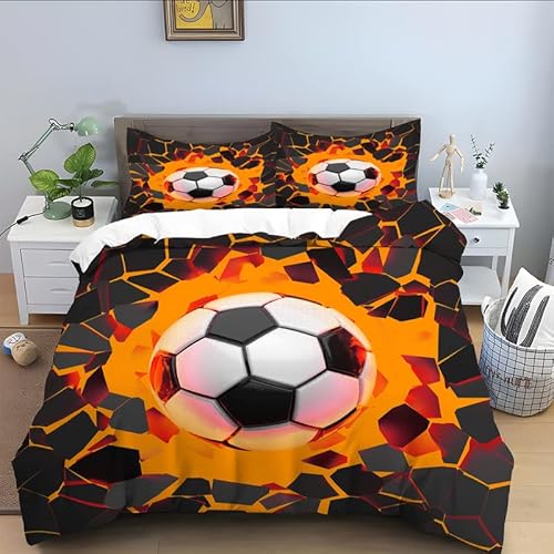 ROLETI Bettwäsche 135x200 Oranger FußBall Bettwäsche 3 Teilig Traumhaft Weich Allergiker Mikrofaser Einzelbett Bettbezug mit Reisverschluss für Kinder und Erwachsene und 2 Kissenbezug 80x80 cm von ROLETI