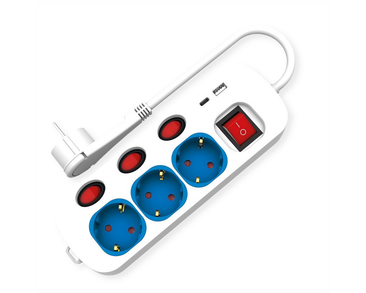 ROLINE 3-fach Steckdosenleiste mit Schalter Steckdosenleiste (Kabellänge 3 m), USB-Charger A+C von ROLINE