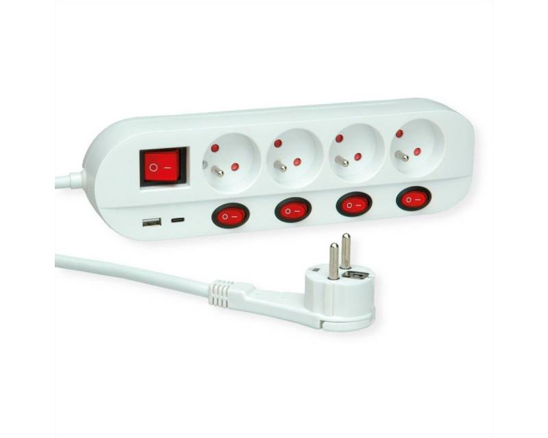 ROLINE 4-fach Steckdosenleiste mit Schalter, UTE Version Steckdosenleiste (Kabellänge 1.5 m), USB-Charger A+C von ROLINE
