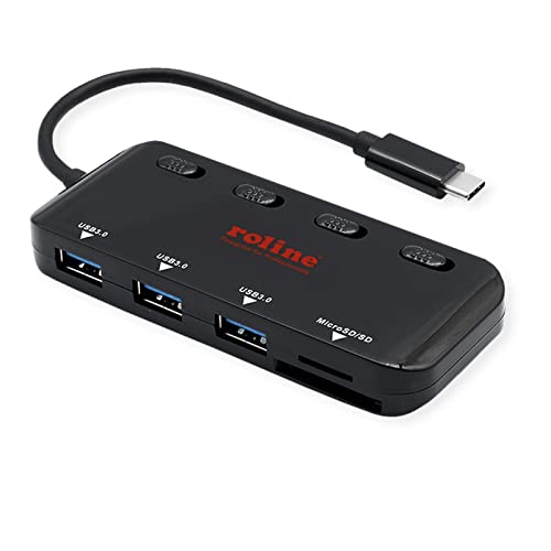 ROLINE USB 3.2 Gen 1 Hub, 3fach, Typ C Anschlusskabel, mit CardReader, einzeln schaltbar, schwarz von ROLINE