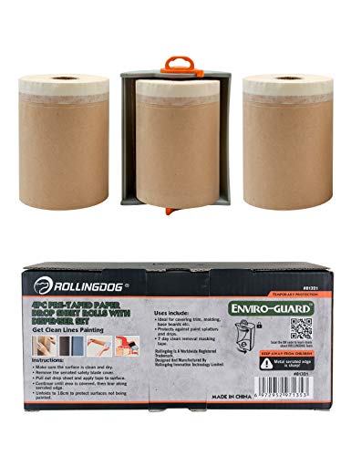 ROLLINGDOG Malerabdeckpapier - Abdeckpapier mit Klebeband Vorgeklebte Abdeckpapierrollen 18 cm x 25 m 4 Stück mit einen speziellen Klebebandabroller von ROLLINGDOG