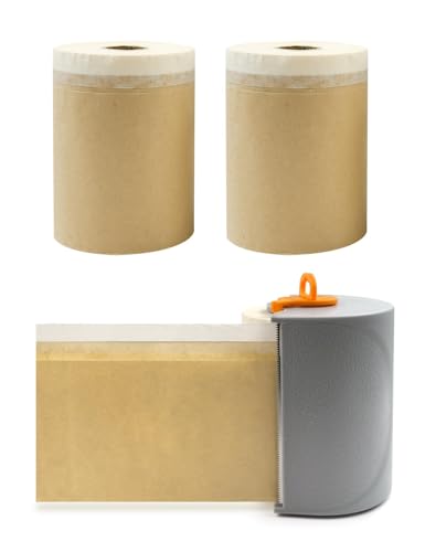 ROLLINGDOG Malerabdeckpapier - Abdeckpapier mit Klebeband Vorgeklebte Abdeckpapierrollen 18 cm x 25 m 4 Stück mit einen speziellen Klebebandabroller von ROLLINGDOG