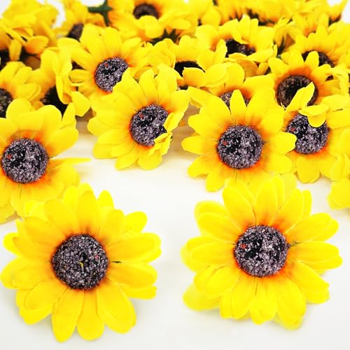 ROLLWAY 150 Stück Künstliche Sonnenblumen Köpfe 4.5cm, Sonnenblumen Deko Blumen Kunstblumen Blumenköpfe Sunflowers Seidenblumen Gelb Blumendeko für Hochzeit Garten Party Tischdeko Fotografie Handwerk von ROLLWAY