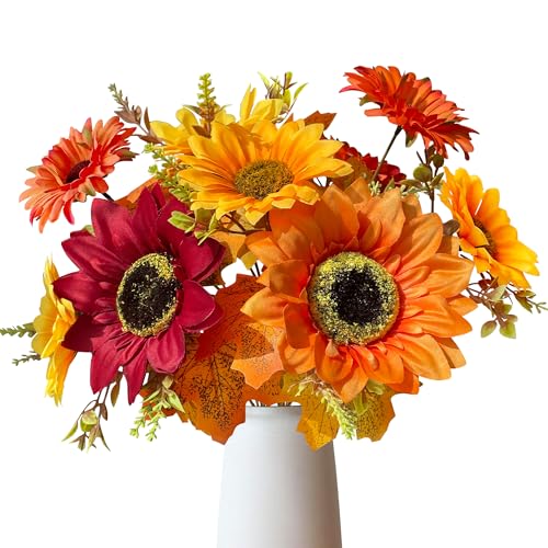 ROLLWAY 2 Stück Künstliche Herbstblumen Sonnenblumen Deko, Kunst Sonnenblume Herbststrauß Blumenstrauß Künstlich Kunstblumen Herbst Blumen kunstblumenstrauss Seidenblumen für Tischdeko Wohnzimmer von ROLLWAY