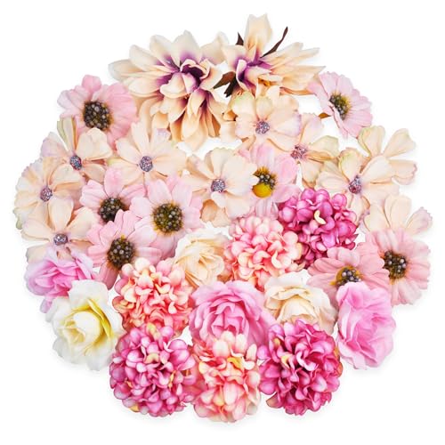 ROLLWAY 34 Stück Kunstblumen zum Basteln Rosa Klein Blumenköpfe 4~7cm, Mini Künstliche Blumen Blütenköpfe Deko Seidenblumen Fake Blumen Blumendeko Rosen Hortensien für Tortendeko Hochzeitsdeko von ROLLWAY